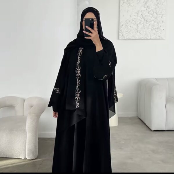 Elegant Abaya with Fine Floral Embroidery (Abaya, Inner Dress & Hijab)