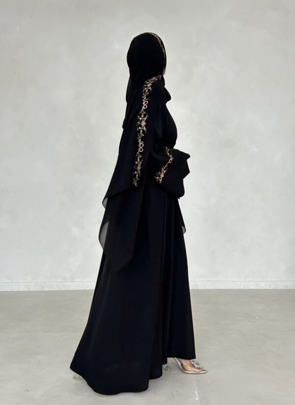 Elegant Abaya with Fine Floral Embroidery (Abaya, Inner Dress & Hijab)