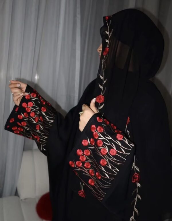 Red Embroidered Three-Piece Abaya