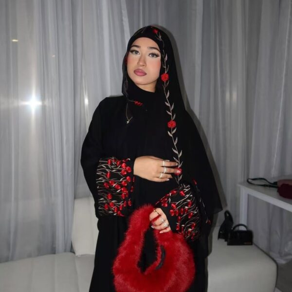 Red Embroidered Three-Piece Abaya