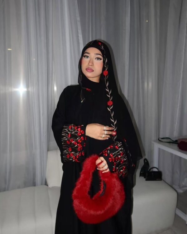 Red Embroidered Three-Piece Abaya
