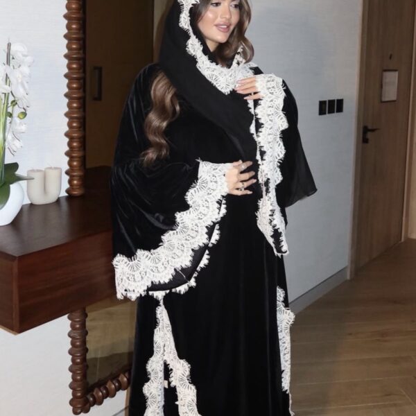 velvet abaya with lace shawl (three pieces )