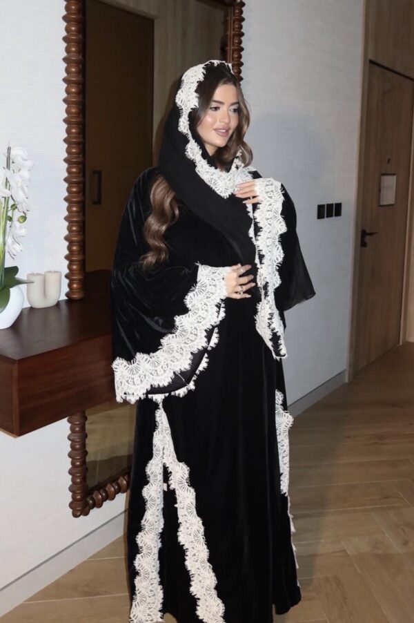 velvet abaya with lace shawl (three pieces )